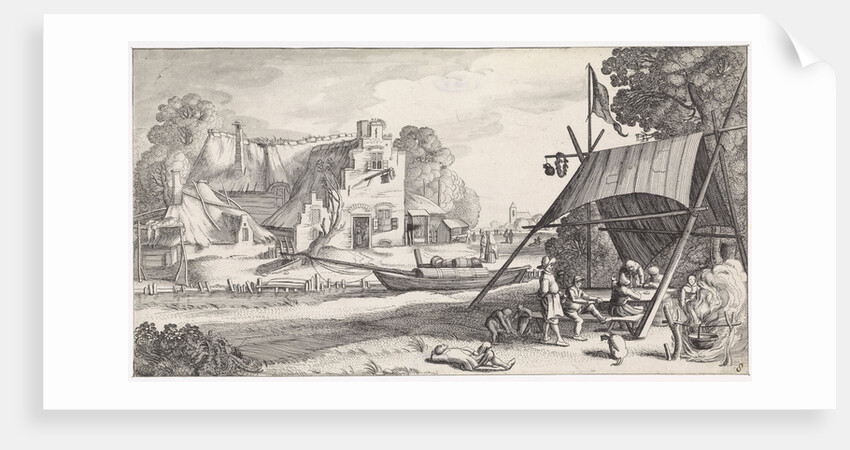 Under a tent are some peasants drinking at a table by Jan van de Velde II