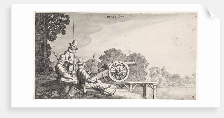Soldiers with a gun on a dock on a river by Jan van de Velde II