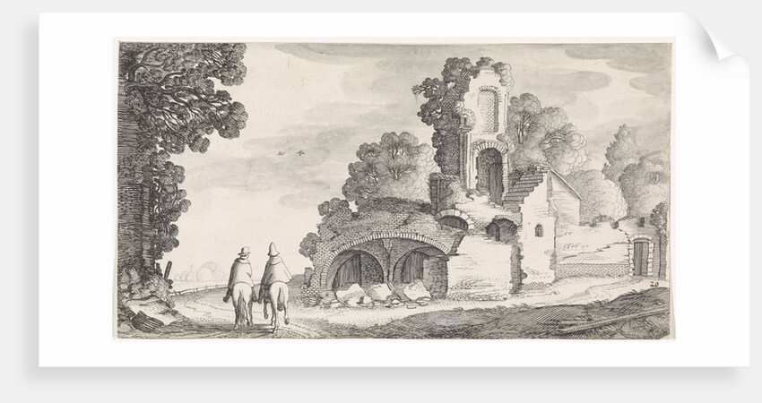 Two riders seen from behind on a path along a ruin by Jan van de Velde II