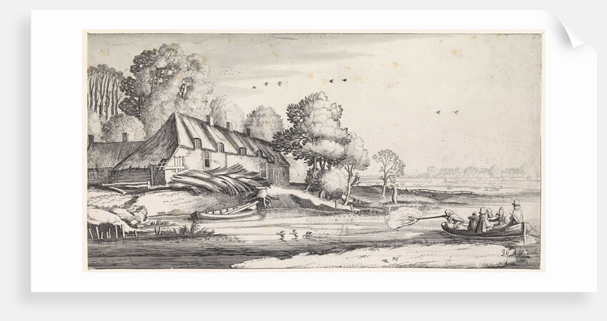 Duck hunting on a river at a farm by Jan van de Velde II