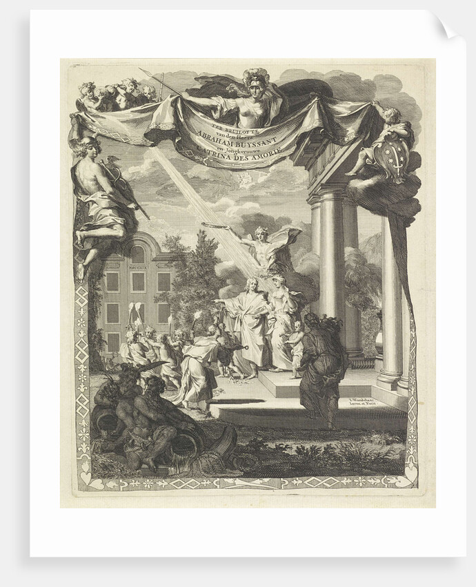 The wedding couple is standing on the steps of a classical buildin by Jan Wandelaar