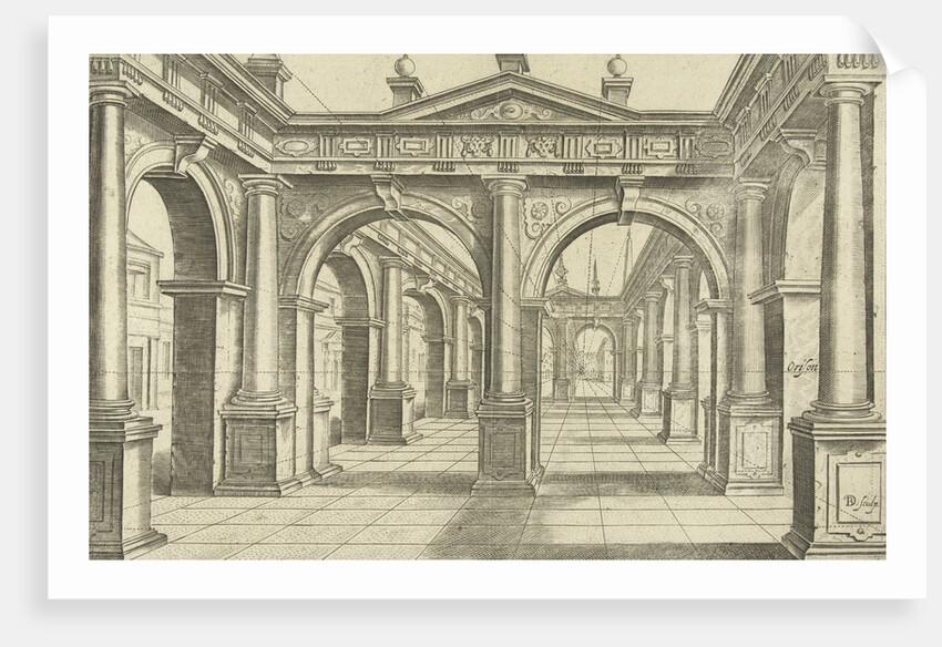 building with double bow in the middle in Doric style by Hans Vredeman de Vries