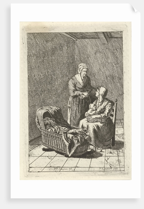 Two women and a crib by Pieter Kikkert