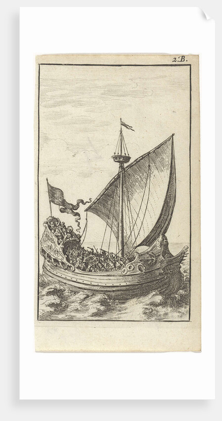 Galley with soldiers at sea by Gerrit van Goedesberg