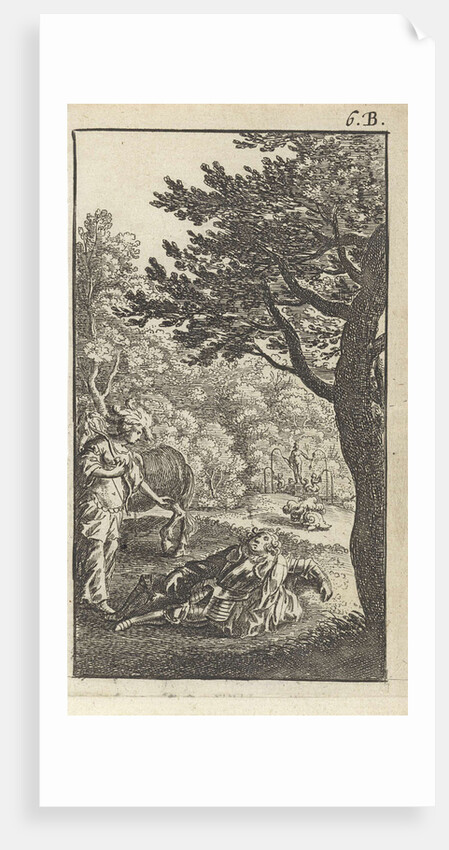 In a park left a huntress with a bow, for her is a man in armor on the ground, he is probably the horse behind her cases, further on is his helmet by Abraham Dircksz Santvoort