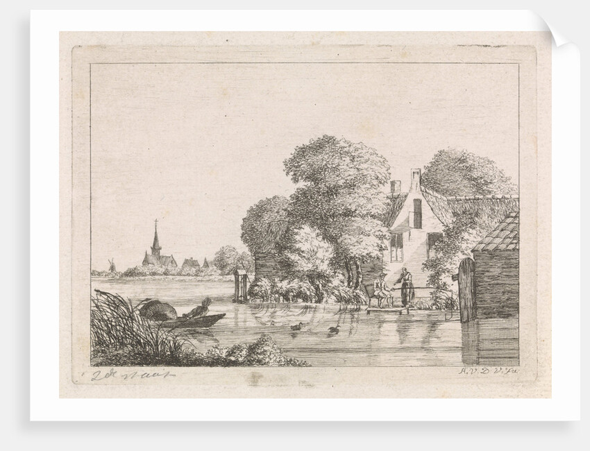 Right for a house, a man sits on a pier angling and a woman is standing, Left a village church, on the water a man in a rowboat in which a wicker trap by A. van de Velde
