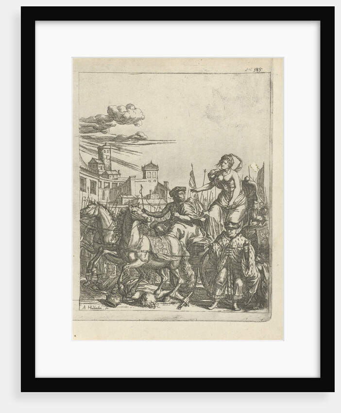 Tullia driving her car over the corpse of her father by Arnold Houbraken