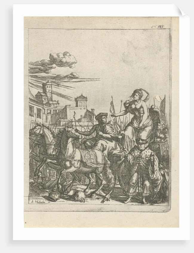 Tullia driving her car over the corpse of her father by Arnold Houbraken