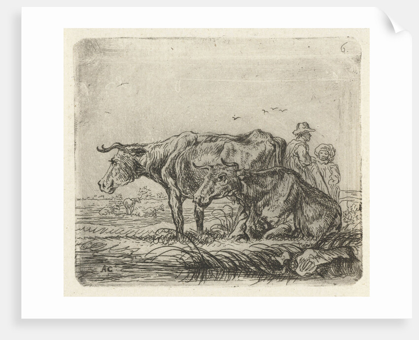 Two cows with a shepherd and a child by Ernst Willem Jan Bagelaar