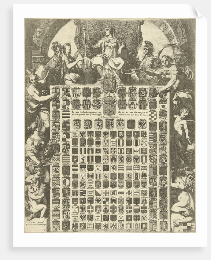 Gender Arms of Prince William III in an allegorical frame by Gerard Valck