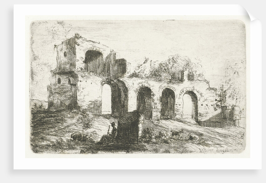Southern landscape with ruins and a shepherd with cattle by Willem Matthias Jan van Dielen