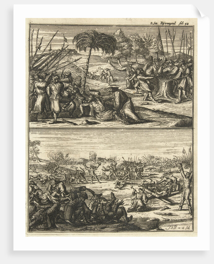Europeans are tortured and murdered by the Chinese, Under a battlefield with dead, Some whites are crucified by the Chinese by Johannes van Baden