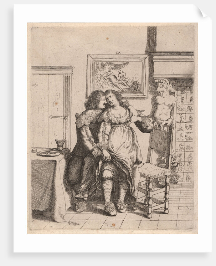A woman sitting on the lap of a man by William Basse