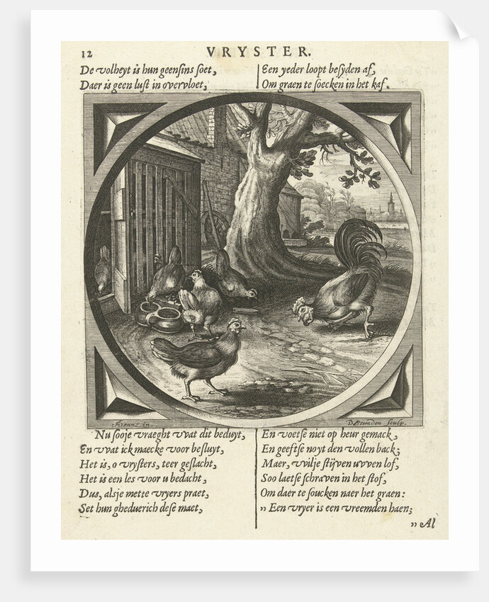 Chickens and rooster in a hen house by Daniël van den Bremden