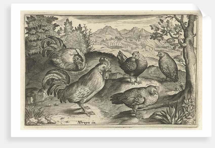 Three hens and two roosters by Claes Jansz. Visscher II