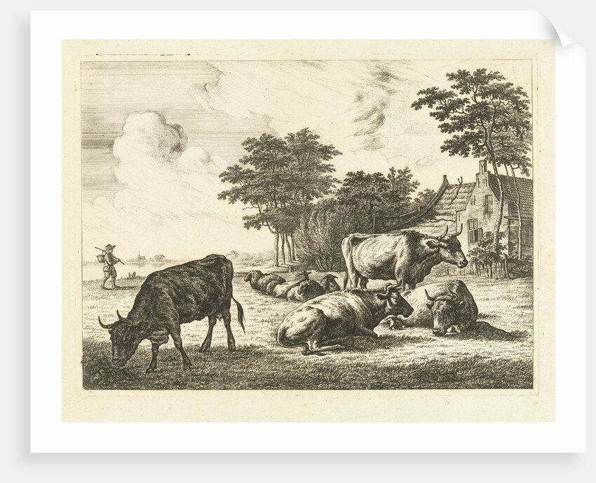 Cows and sheep lying in meadow for farm by Johannes van Cuylenburgh