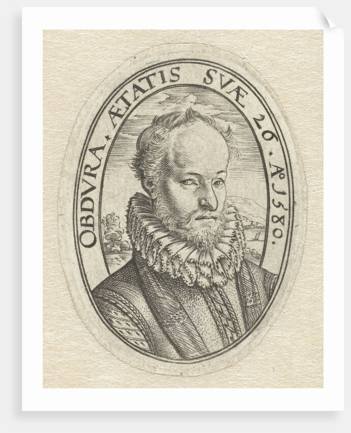 Portrait Bust of a young man with a beard, in oval with Latin inscription, Belongs to a family crest by Hendrick Goltzius