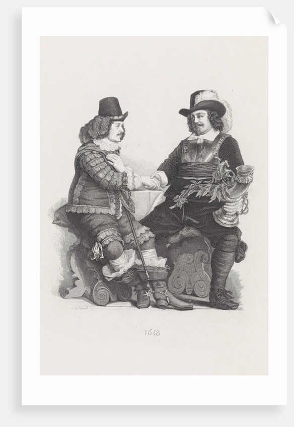 Captain Cornelis Jansz Witsen (with the silver drinking horn) and Lt. Johan Oetgens of Waveren shaking hands at the conclusion of the Peace of Munster by Edouard Taurel