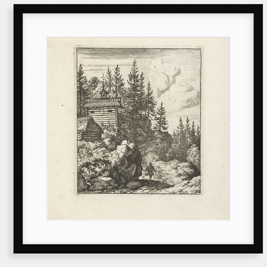 Mountain landscape with wooden chapel, on the path, next to a large rock, stands a walker by Allaert van Everdingen