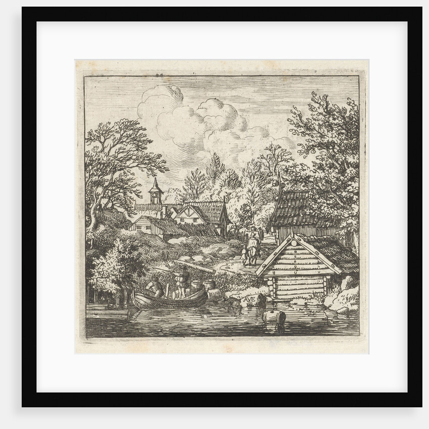 View of a village on the water, in the foreground two men in a boat and on the shore a few wooden barrels by Allaert van Everdingen