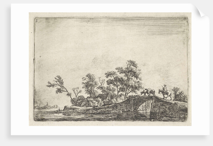Shepherd with cattle on a wooden bridge by Anthonie Waterloo