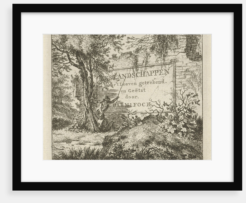 A man pointing a long stick to the inscription on a wall in a forest, while watching a second man, sitting against a tree by Hermanus Fock