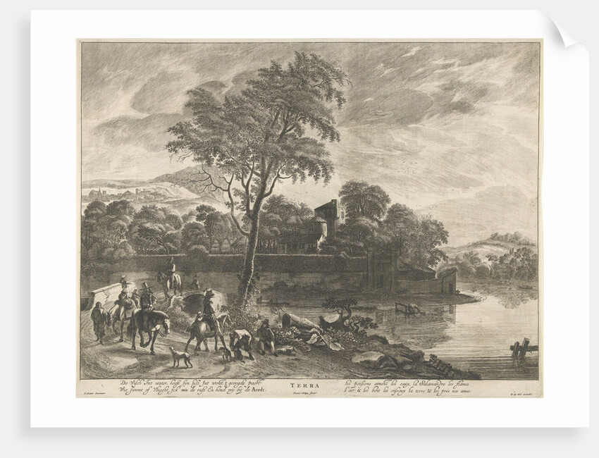 Hunters on horseback riding on a road by Pieter Nolpe