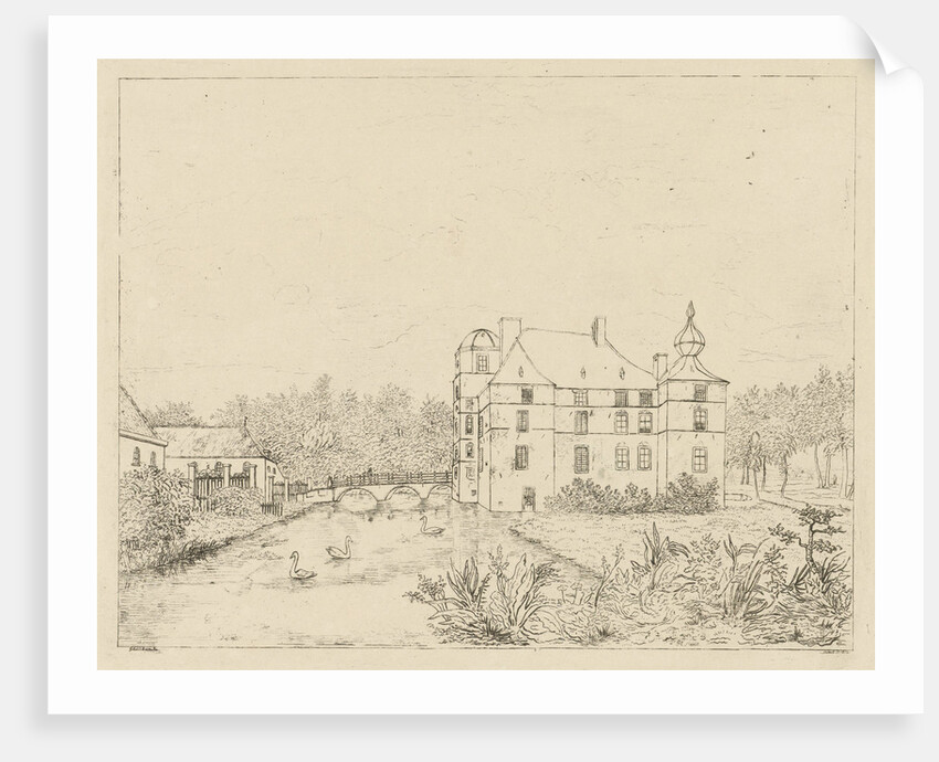 Side view of the castle Cannenburch with houses in the access by baron Reinierus Albertus Ludovicus van Isendoorn a Blois