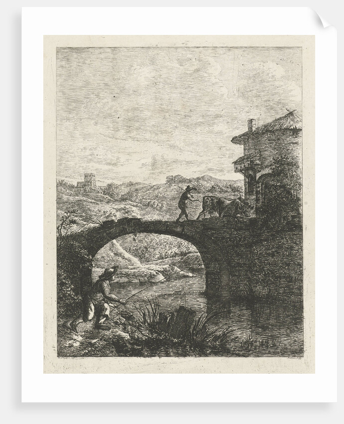 Fisherman at a bridge by baron Reinierus Albertus Ludovicus van Isendoorn à Blois