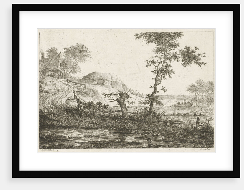 A road leads to a tavern with a sign left on the hill, right on the water sailing a boat with passengers by baron Reinierus Albertus Ludovicus van Isendoorn à Blois