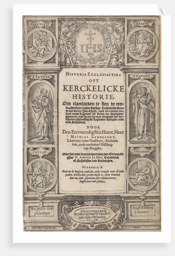Architectural title with medallions in the corners with the four evangelists and their symbols, and in the middle of the Saints Peter and Paul by W. de Oostrum