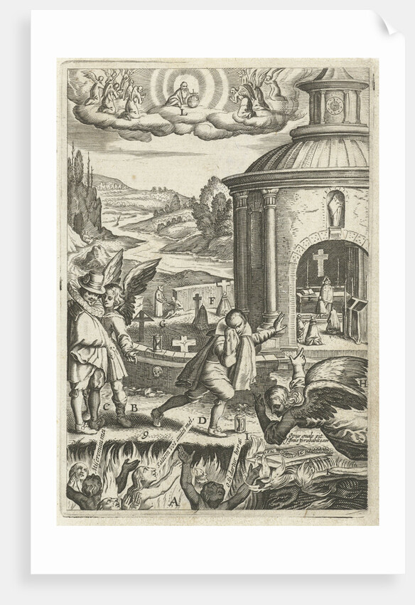 Emblem with angels that encourage men to have compassion with the pleading souls in purgatory by Hendrik Aertssens