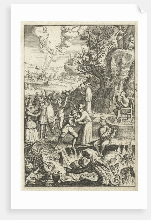 Emblem with bishop who protects a man against the temptations of the devil by Hendrik Aertssens