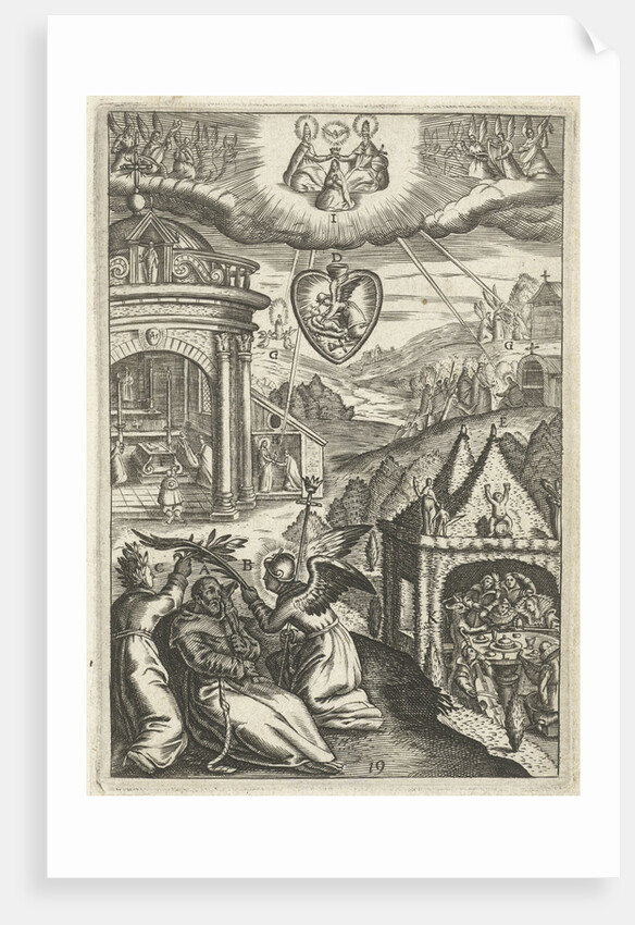 Emblem with veneration of Saint Francis of Assisi who lived in virtue by Hendrik Aertssens