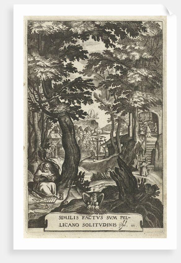 Emblem with hermit and believers who devote themselves to meditation by Hendrik Aertssens