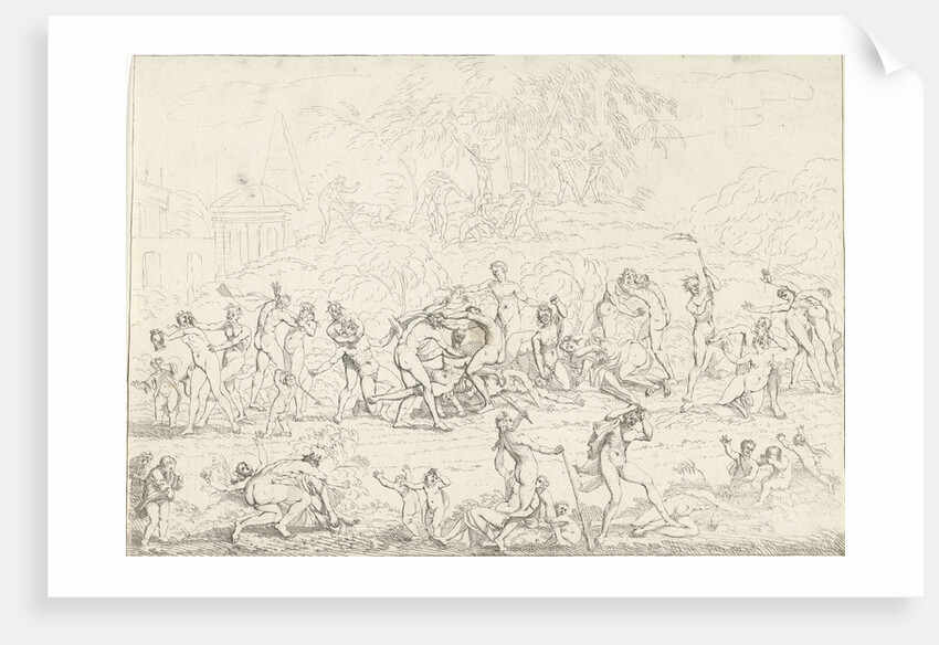 A group Bacchae fighting with each other and with a group of nymphs. Between fighting naked figures walk naked children by Gerard Melder