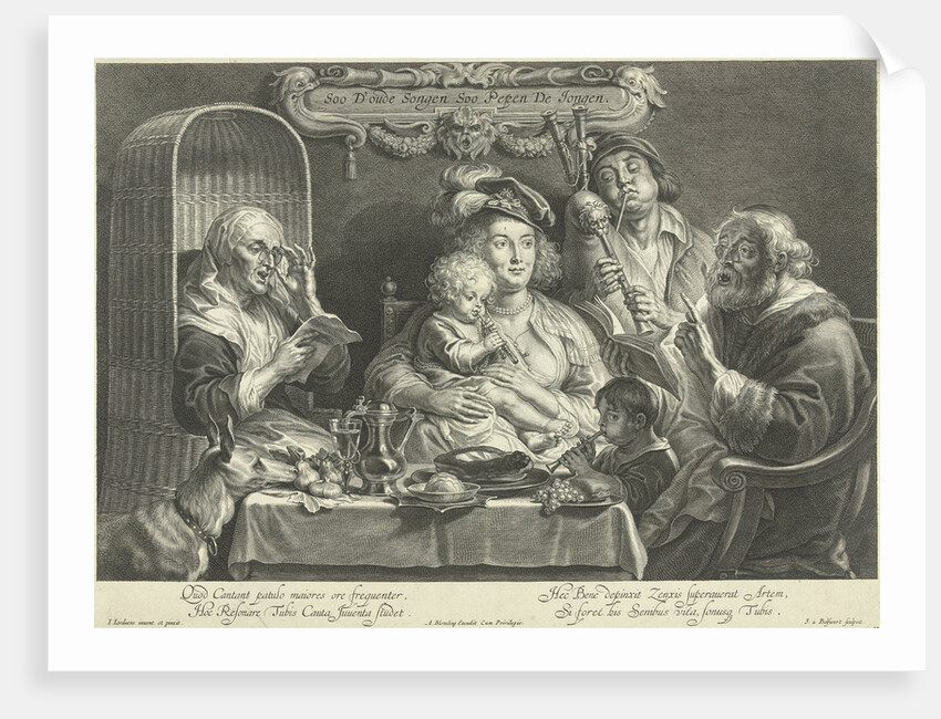 A mother sits with a small child playing flute on her lap on a set table by Schelte Adamsz. Bolswert