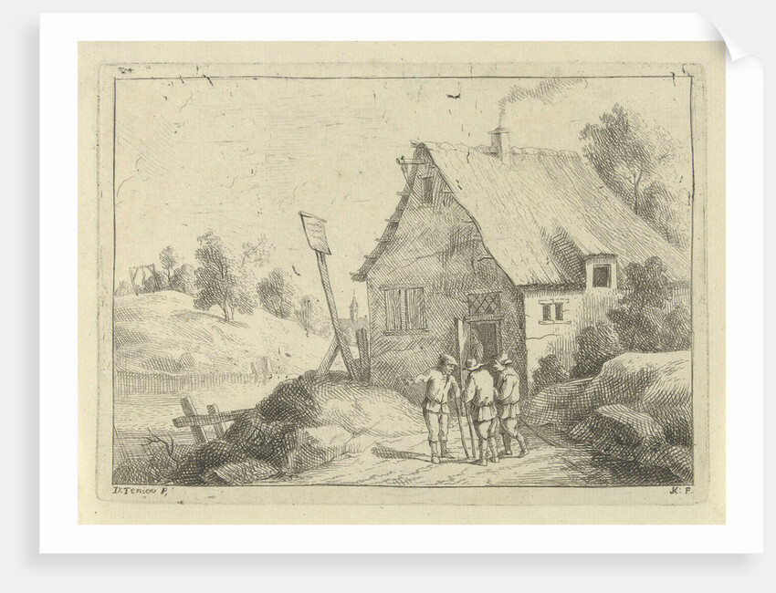 In a hilly landscape are three men talking, from the doorway is a figure, on the hill across the river a figure hanging from a gallows by Jan Lauwryn Krafft I