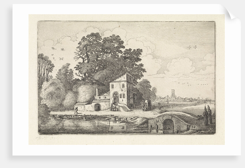 House by a stone bridge into a river landscape by Jan van de Velde II