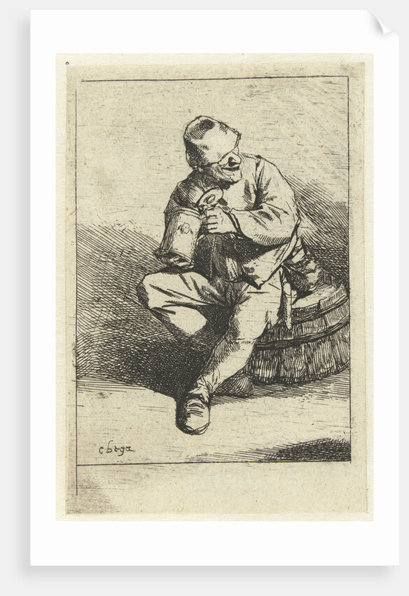 Man sitting on tons with jar owned by Cornelis Pietersz. Bega