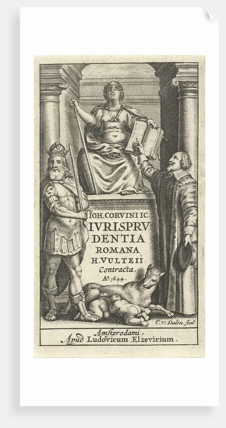 Justice enthroned on base between mental and emperor, Romulus and Remus suckled by the wolf by Lowijs Elzevier III