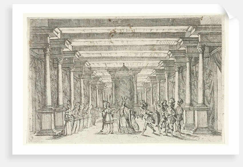 An army captain with feather in his hat and five soldiers in his entourage greet a princess in her palace by Jan van Ossenbeeck