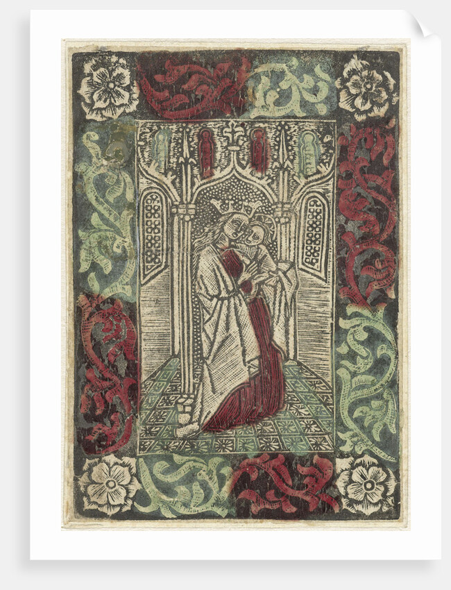 Mary with Child standing in front of Gothic architecture in rectangular frame with decoration of leaf motifs by Anonymous