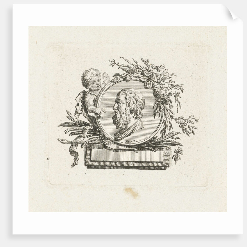 Bust of Homer on medallion held by angel and decorated with flowers and palm branches by Willem Bilderdijk