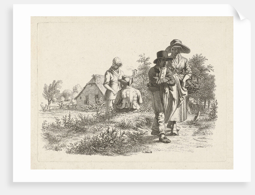 Blind woman and conversing figures at a farm by Jacob Ernst Marcus