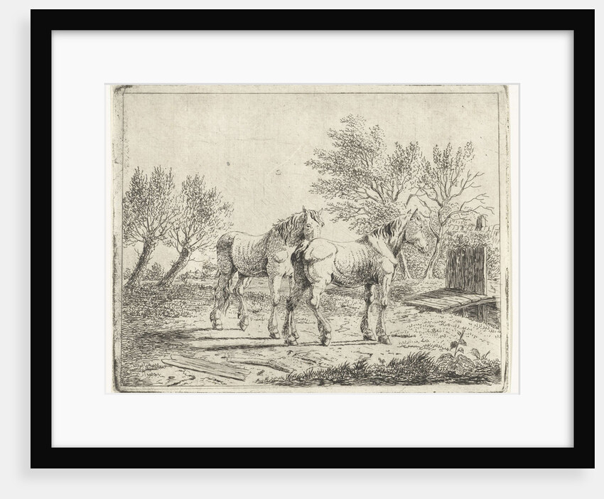 Meadow Landscape with two horses at bridge and farm by Cornelis Bisschop