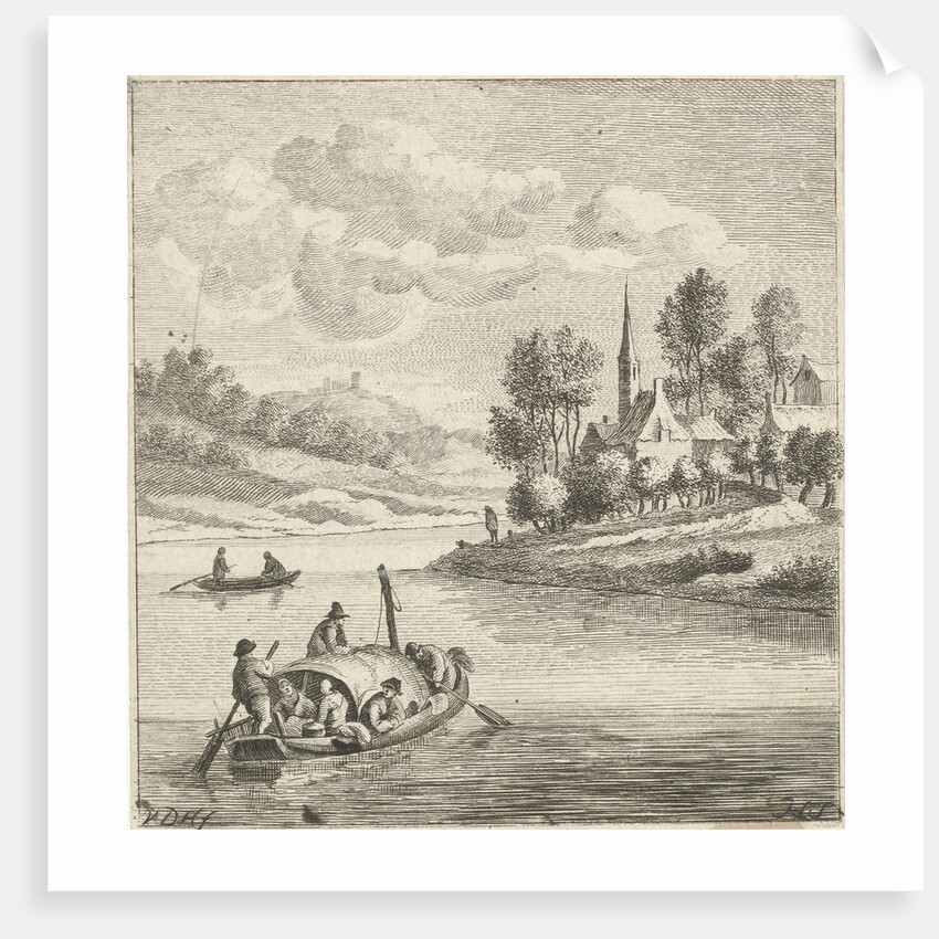 Riverview with two boats at a village by Anthonij van der Haer