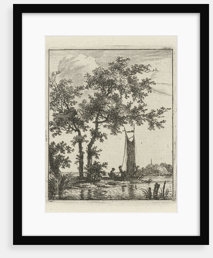 A river landscape with a boat on the waterfront, near two trees, in the boat two persons, one hoisting the sail by Hermanus Fock