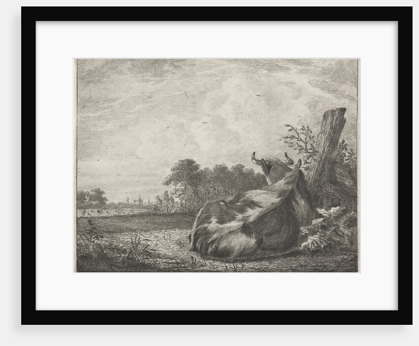 Spotted cow lying on a wooden post by Jacobus Cornelis Gaal