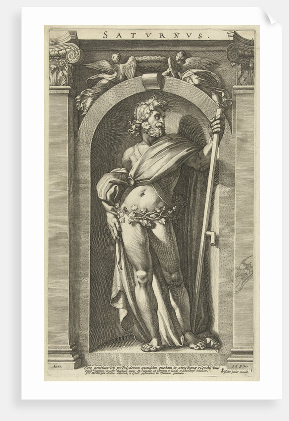 Saturn, standing in a niche, a scythe in his left hand by Hendrick Goltzius
